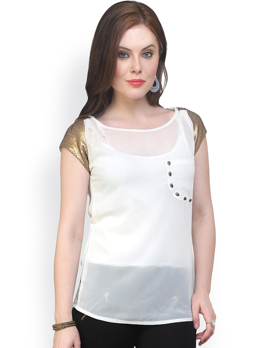 Finding Product Women's White Georgette With Golden Sequence Top