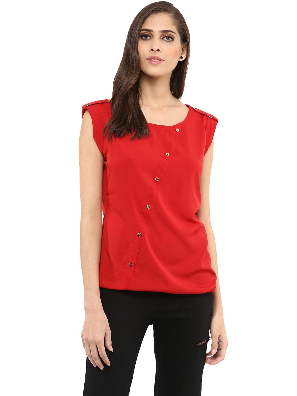 Finding Product Women's Red Top With Fake Shoulder-Tab
