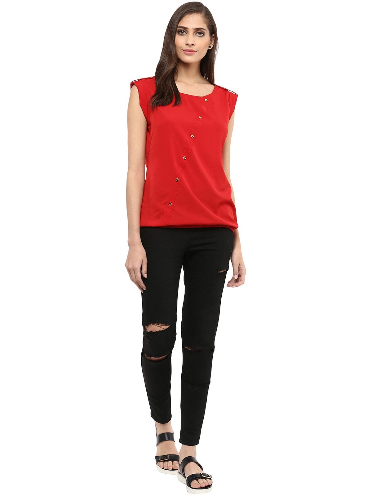 Finding Product Women's Red Top With Fake Shoulder-Tab