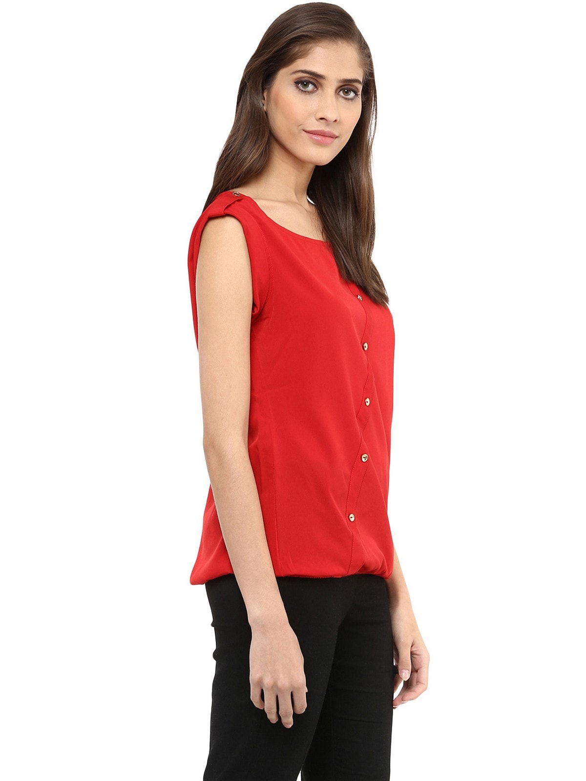 Finding Product Women's Red Top With Fake Shoulder-Tab
