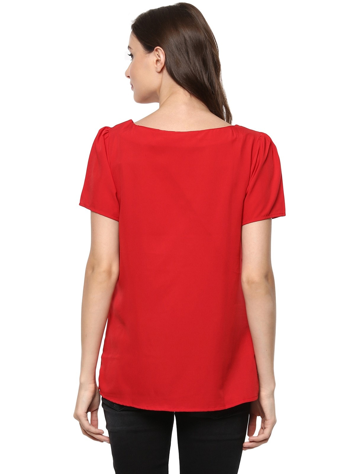 Finding Product Women's Red Top Detailed With Gathered Sleeves And Diagonal Zip