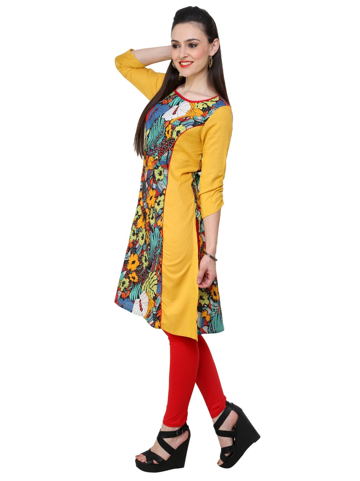 Finding Product Women's Mustard Multi Floral A Line kurti
