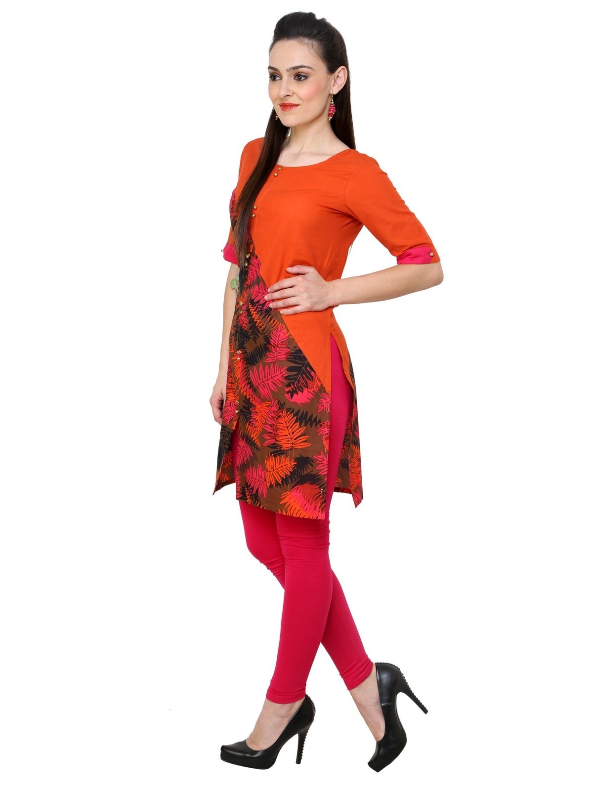 Finding Product Women's Orange Leaf Print Diagonal Cut Kurti
