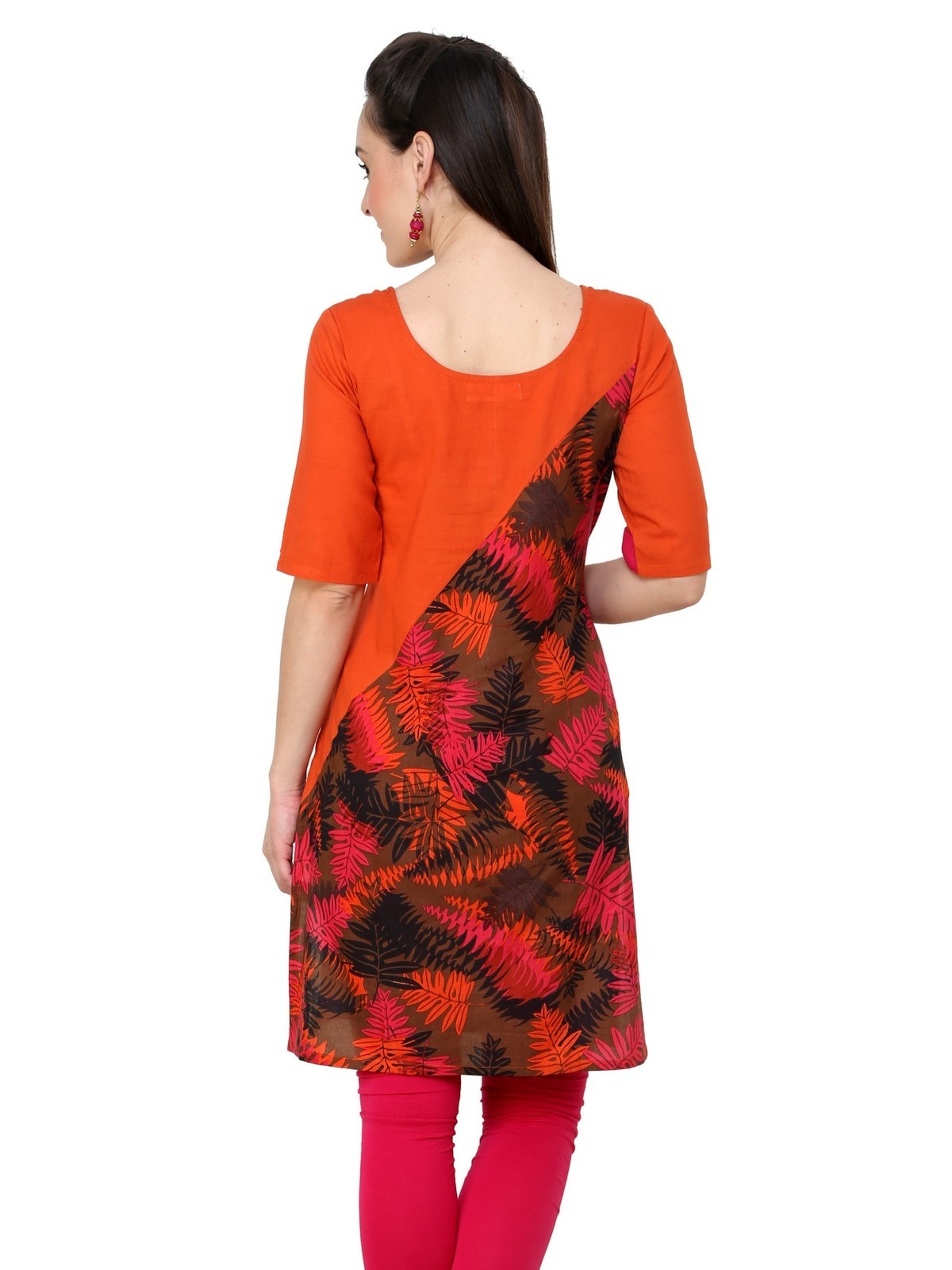 Finding Product Women's Orange Leaf Print Diagonal Cut Kurti