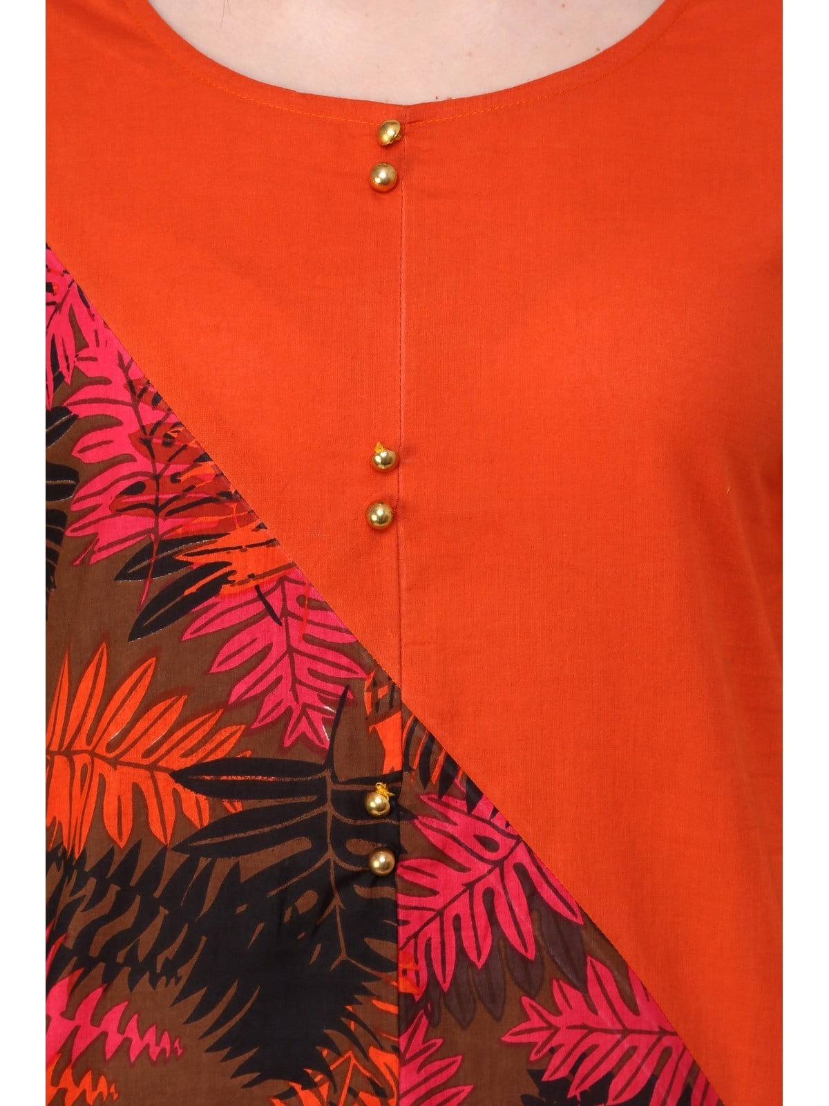 Finding Product Women's Orange Leaf Print Diagonal Cut Kurti