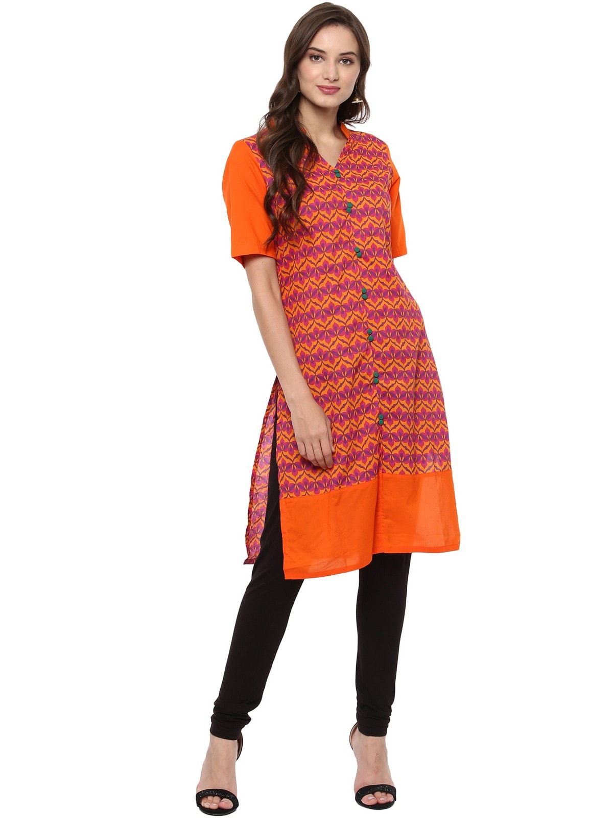 Finding Product Women's Orange Allover Print Stand Collar Print Kurti
