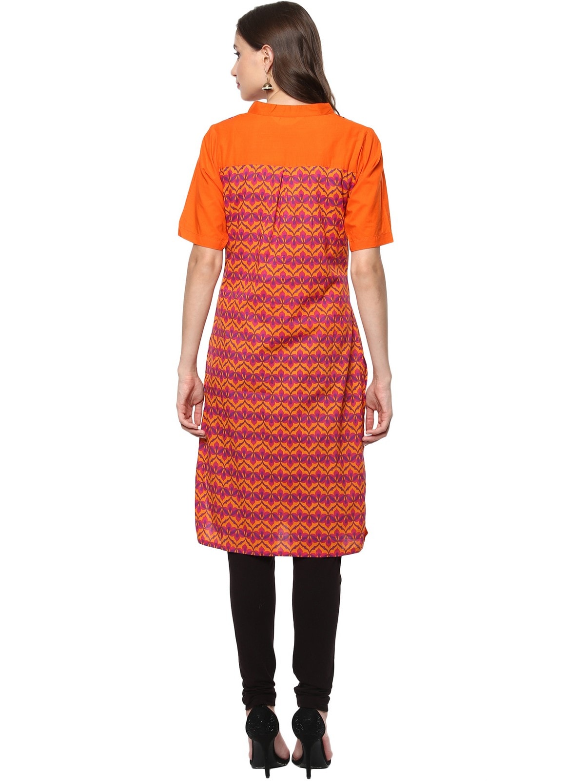 Finding Product Women's Orange Allover Print Stand Collar Print Kurti