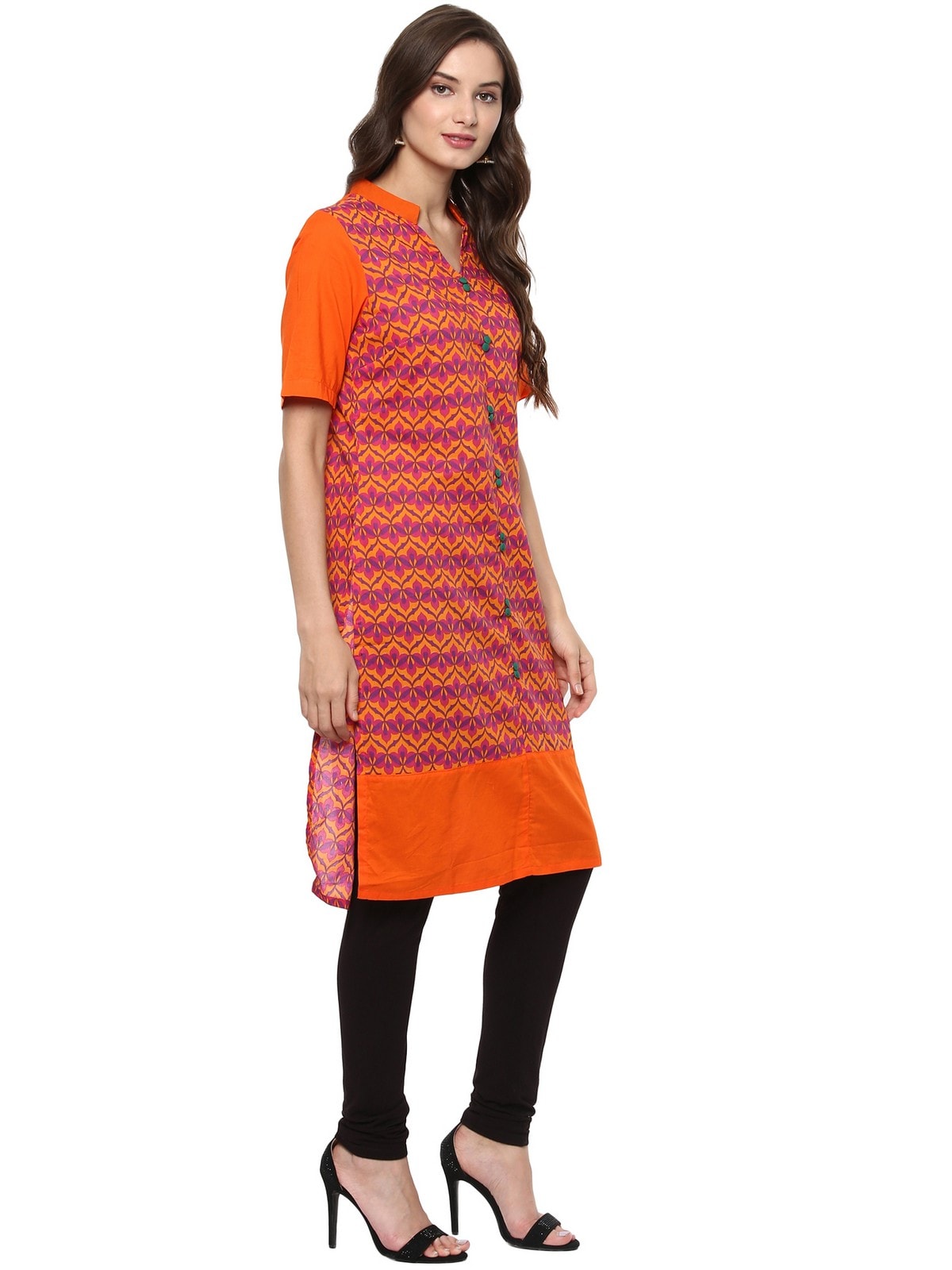 Finding Product Women's Orange Allover Print Stand Collar Print Kurti