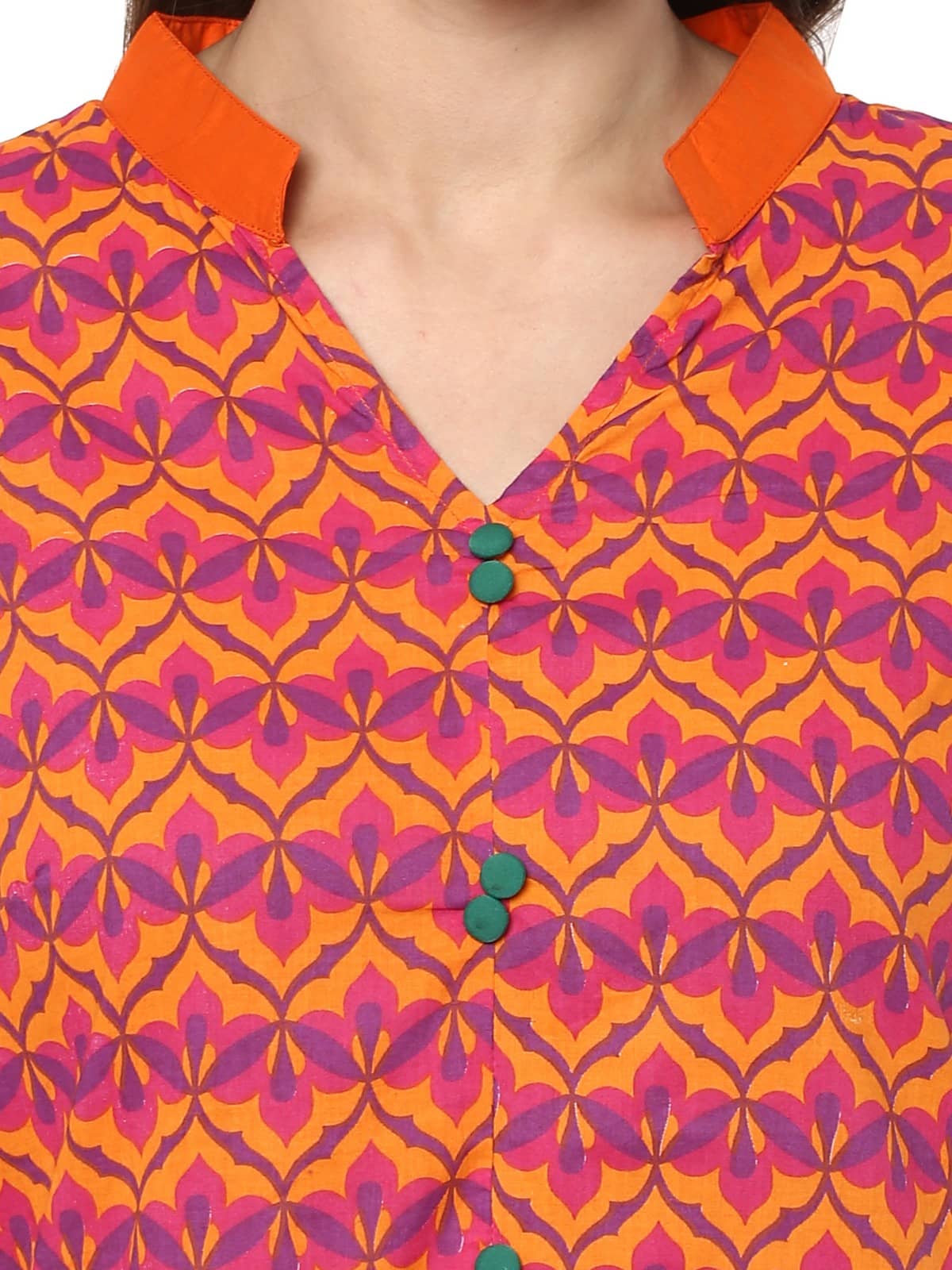 Finding Product Women's Orange Allover Print Stand Collar Print Kurti
