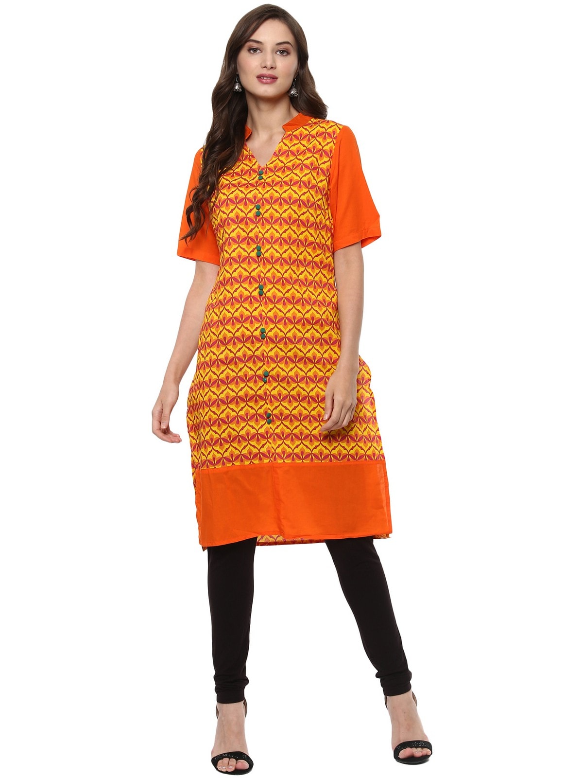 Finding Product Women's Yellow Allover Print Stand Collar Print Kurti