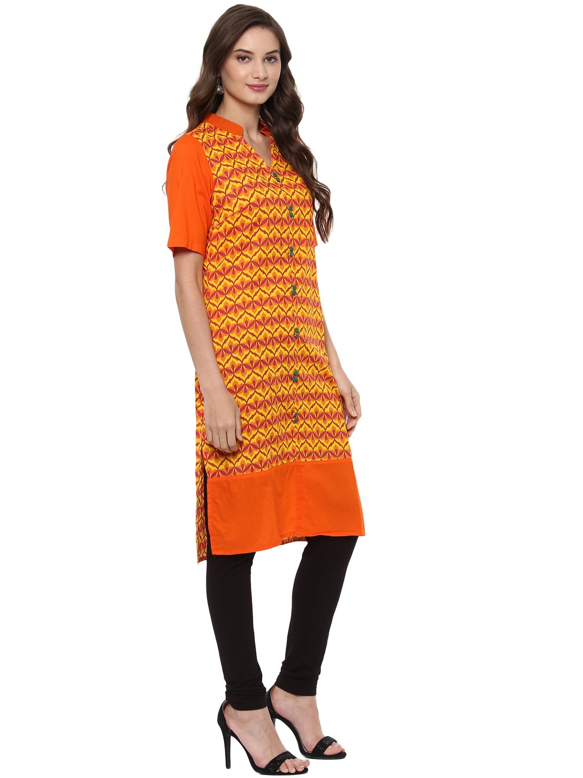 Finding Product Women's Yellow Allover Print Stand Collar Print Kurti