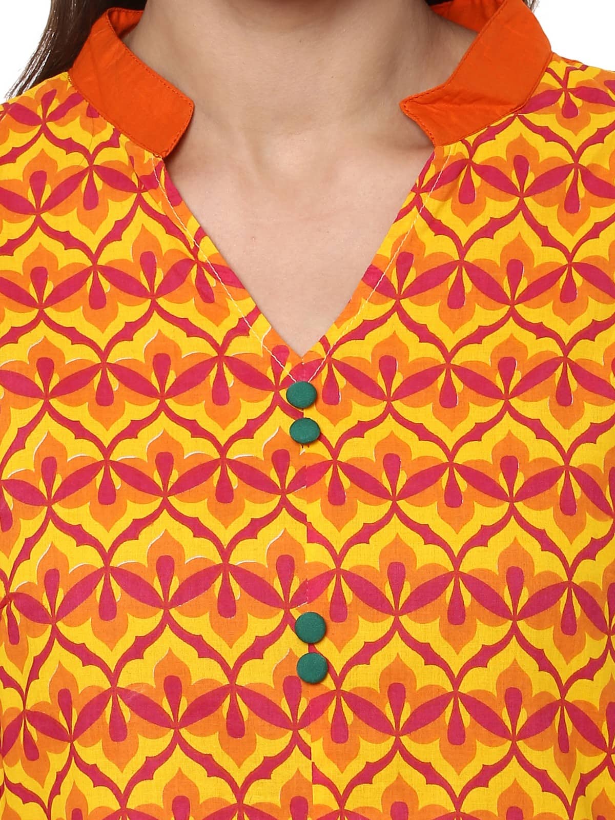 Finding Product Women's Yellow Allover Print Stand Collar Print Kurti