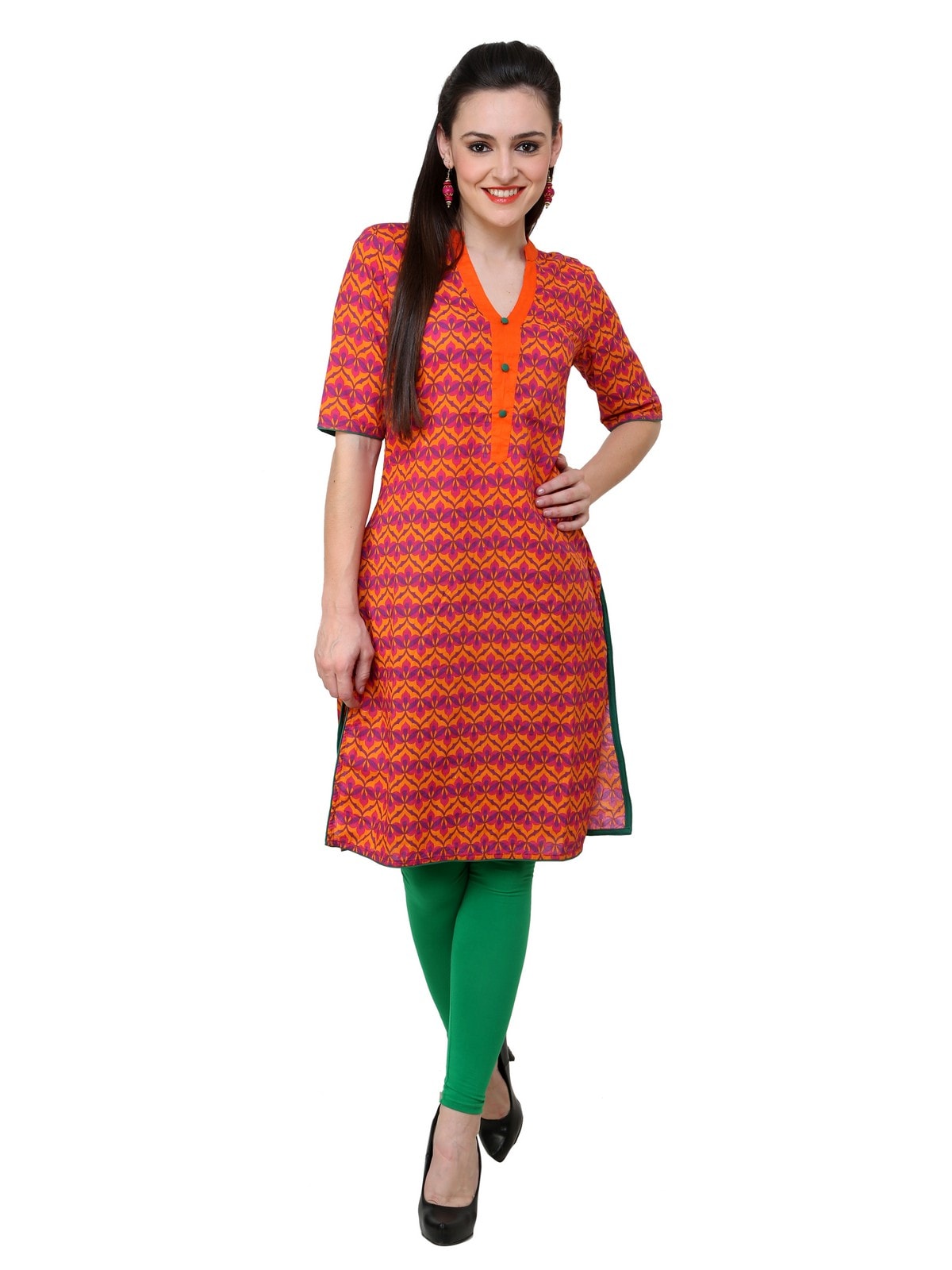 Finding Product Women's Orange Allover Piping Detail Kurti