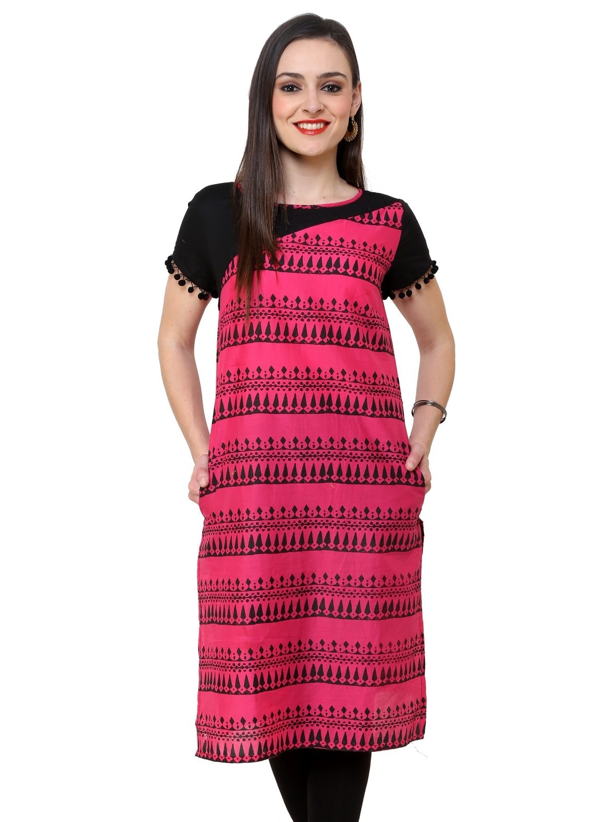 Finding Product Women's Pink Border Print Lace Kurti