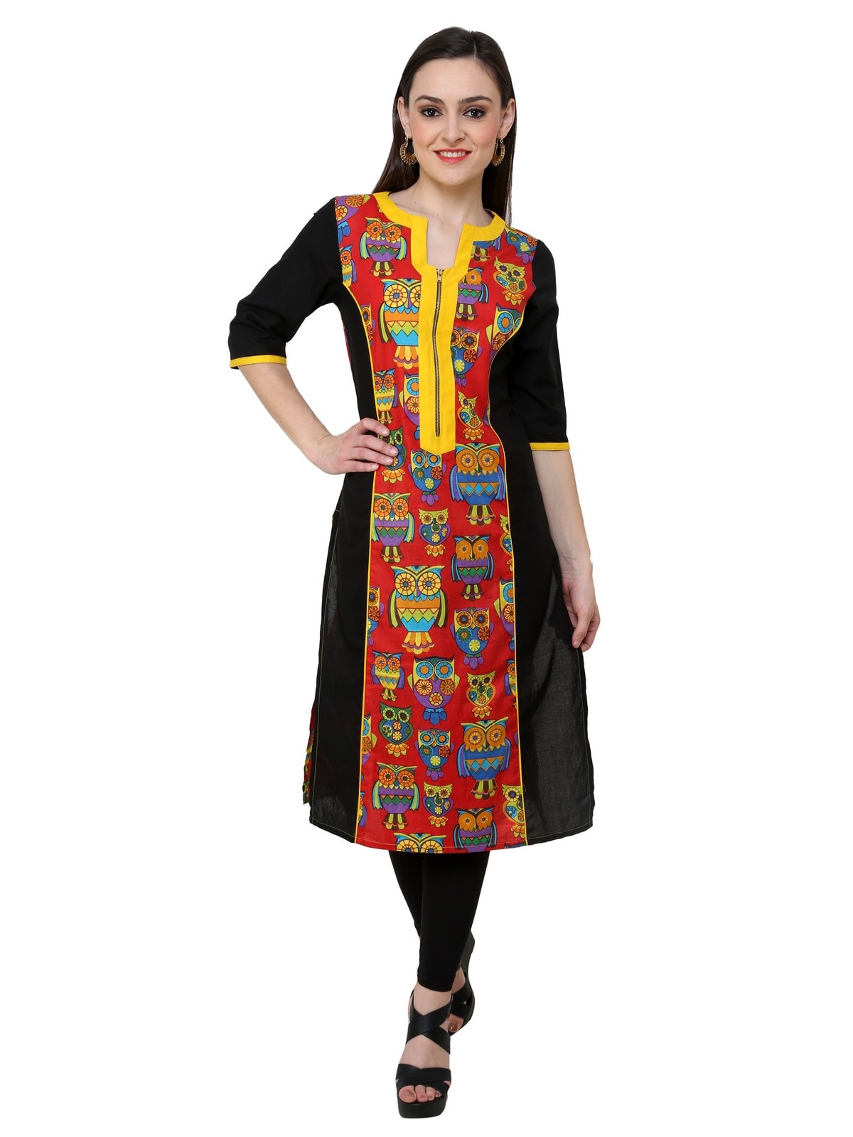 Finding Product Women's Red Owl Print Zipper Kurti