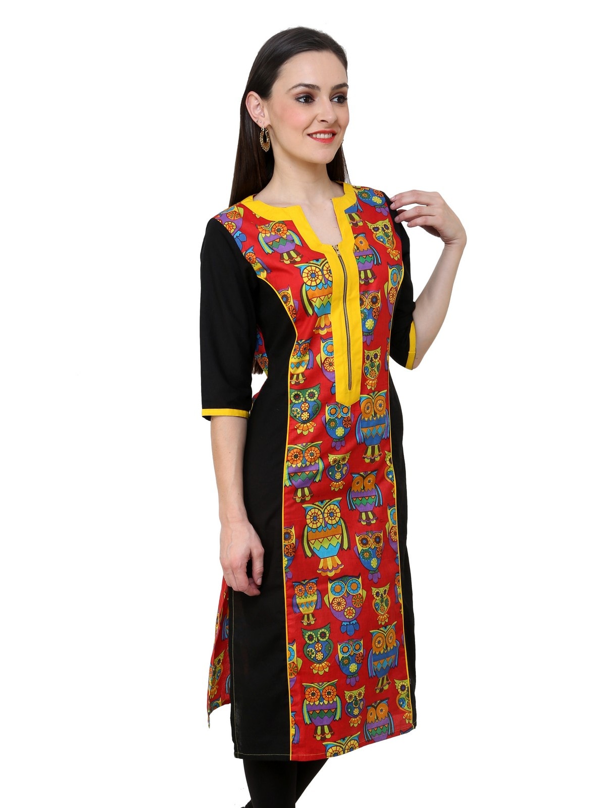 Finding Product Women's Red Owl Print Zipper Kurti