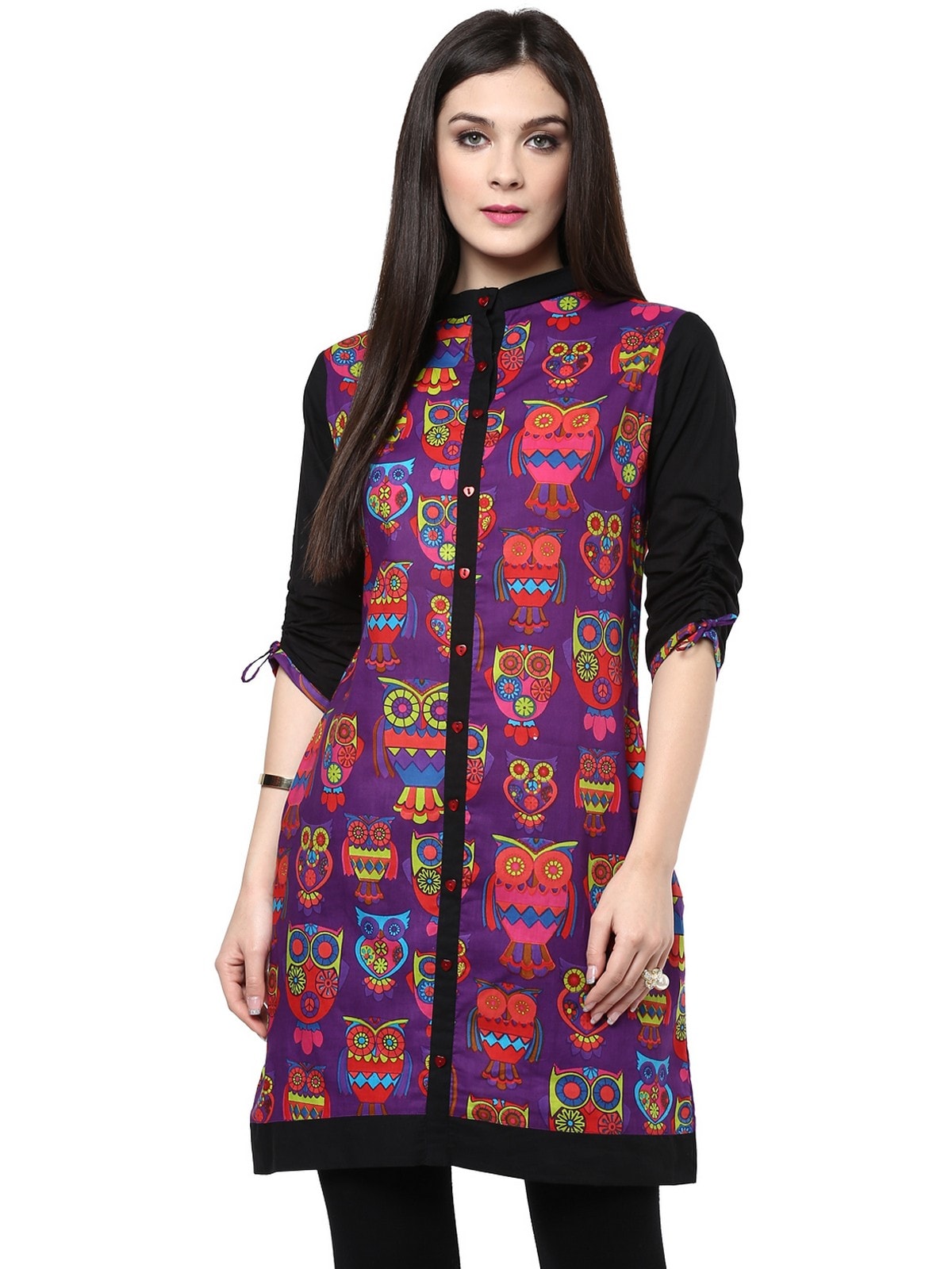Finding Product Women's Purple Owl Reversible Buttoned Kurti