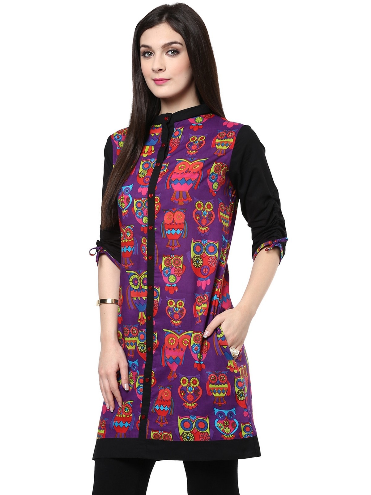 Finding Product Women's Purple Owl Reversible Buttoned Kurti