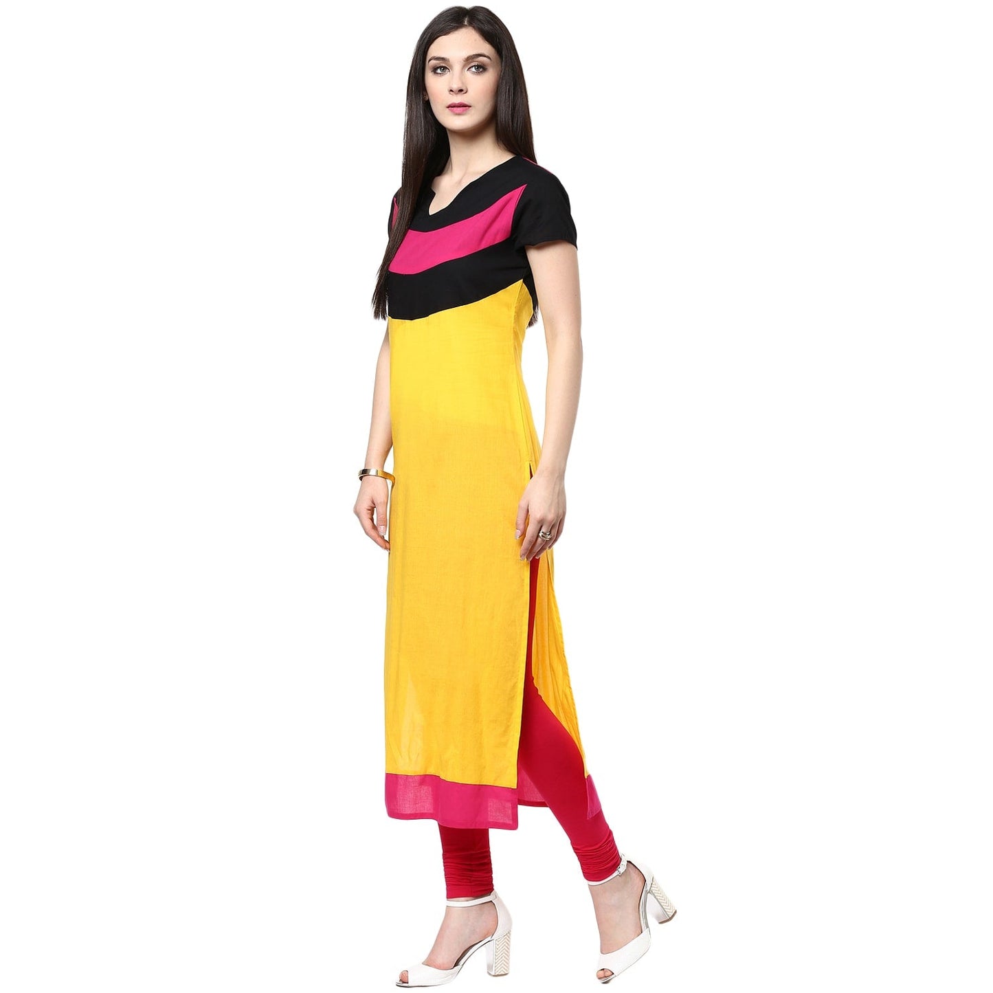 Finding Product Women's Yellow Color Block Kurti