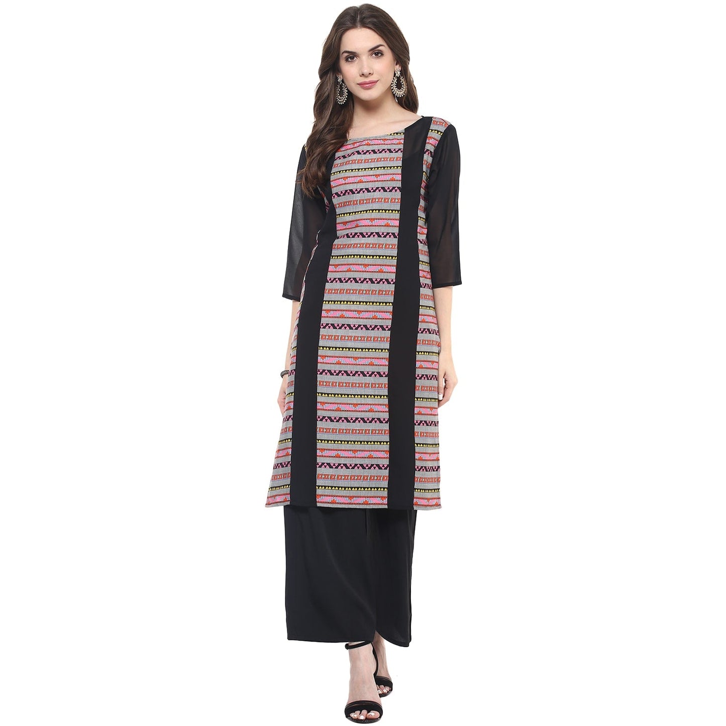 Finding Product Women's Dull Border Print Sheer Panel Kurti