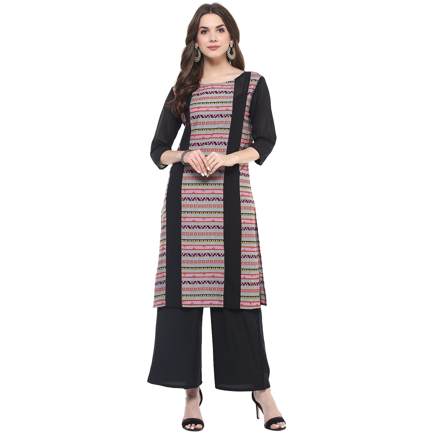 Finding Product Women's Dull Border Print Sheer Panel Kurti