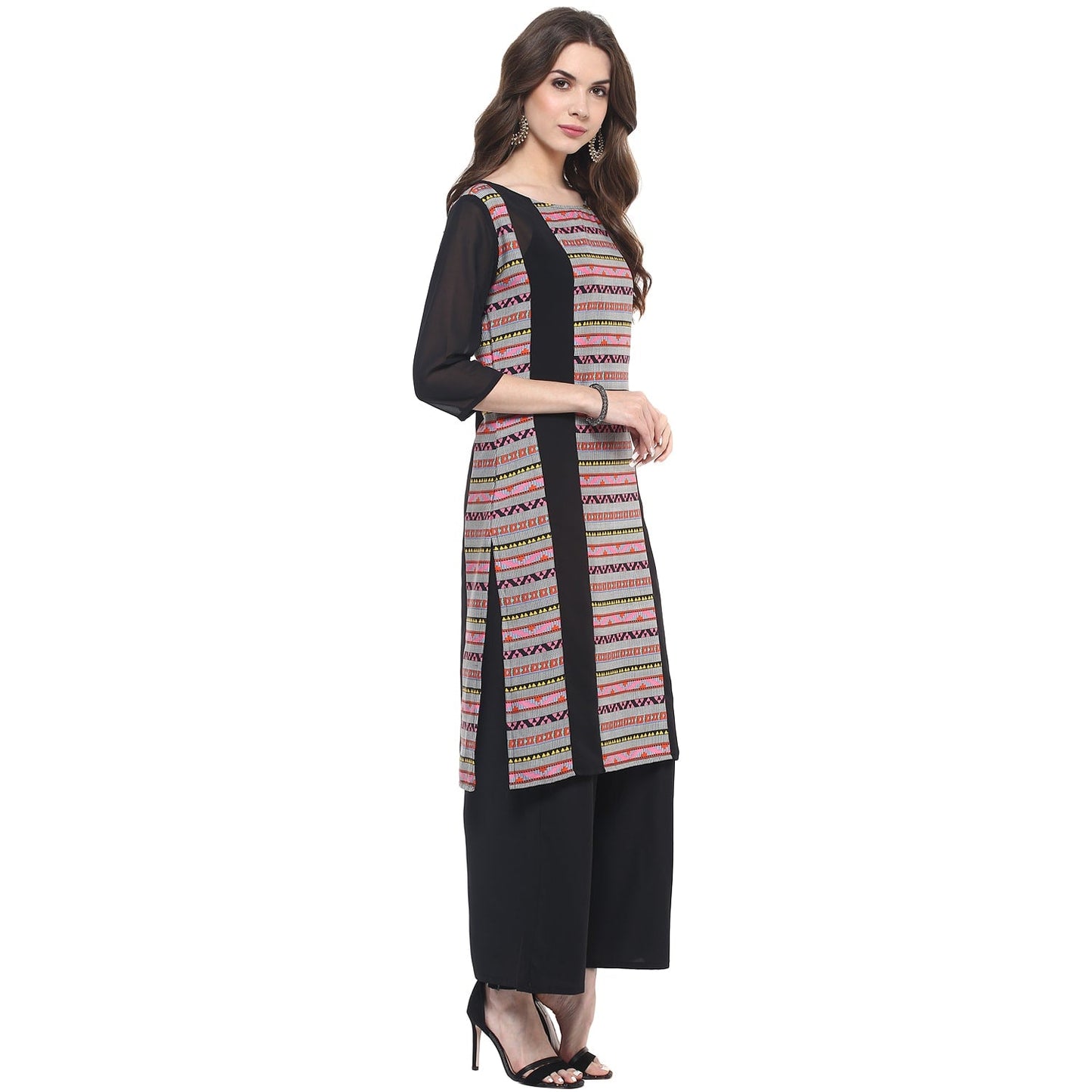 Finding Product Women's Dull Border Print Sheer Panel Kurti