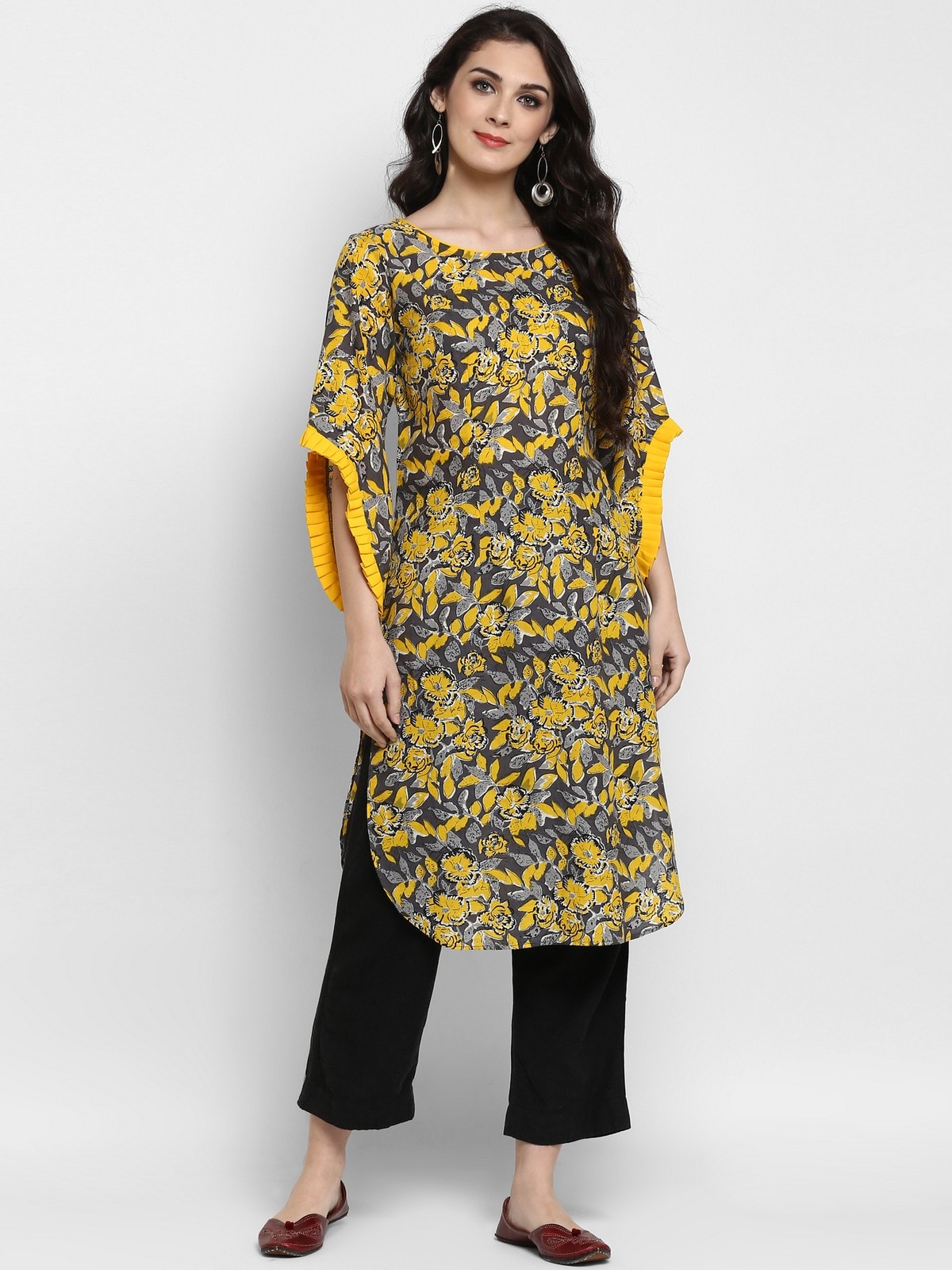 Finding Product Women's Yellow Floral Printed Petal Sleeves Kurta