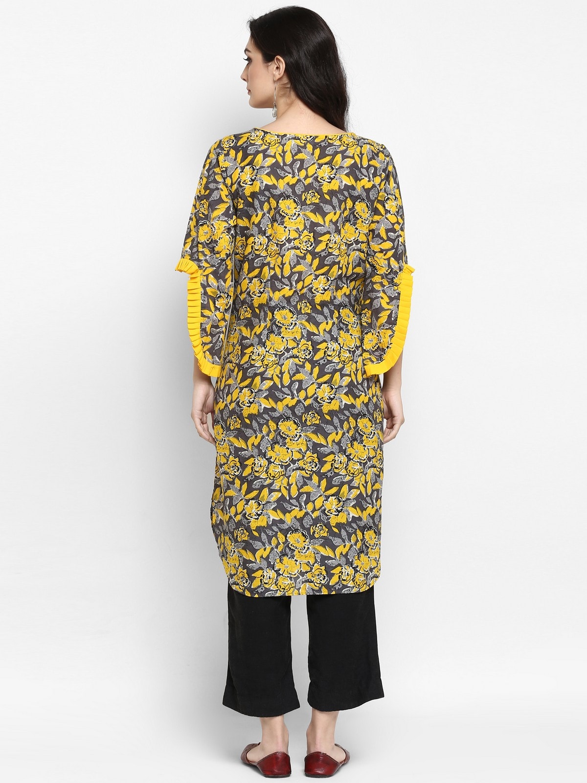 Finding Product Women's Yellow Floral Printed Petal Sleeves Kurta