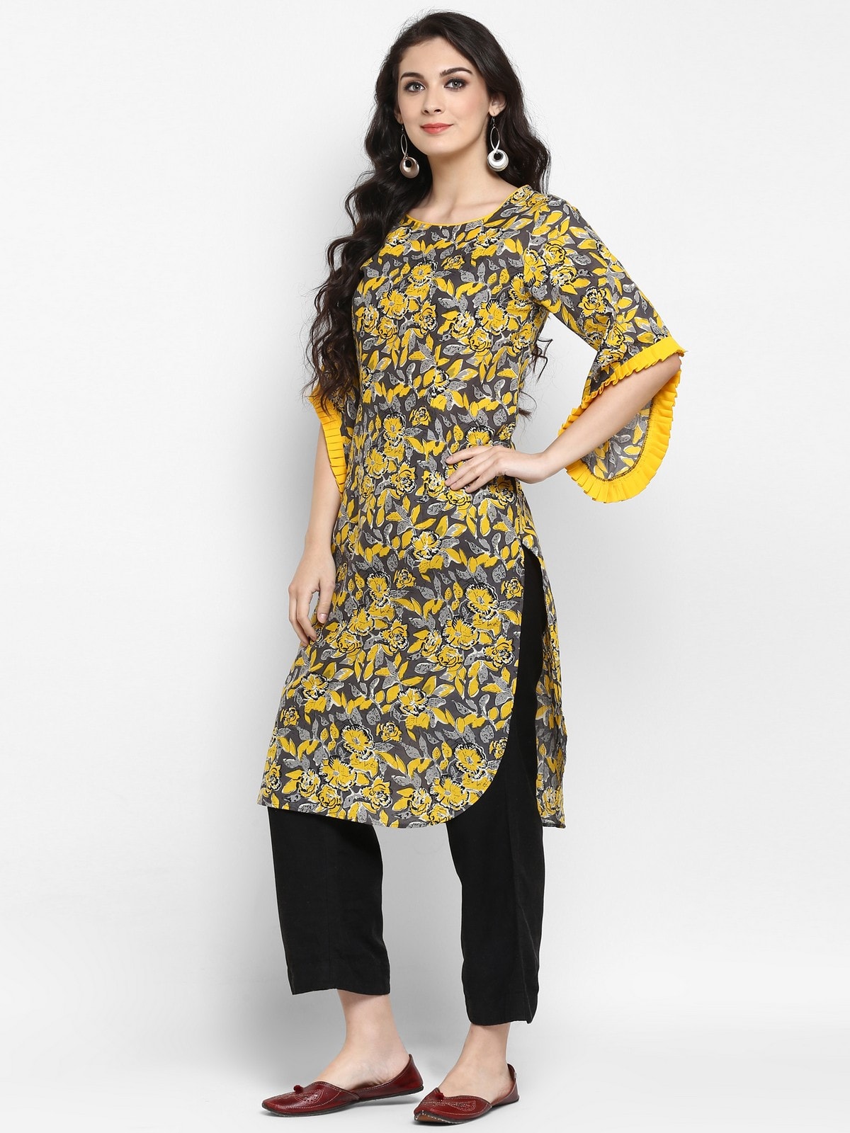 Finding Product Women's Yellow Floral Printed Petal Sleeves Kurta