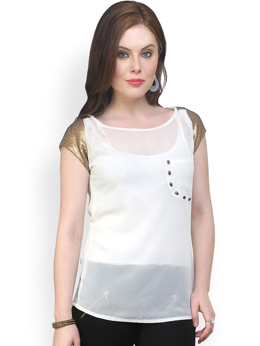 Finding Product Women's White Georgette With Golden Sequence Top