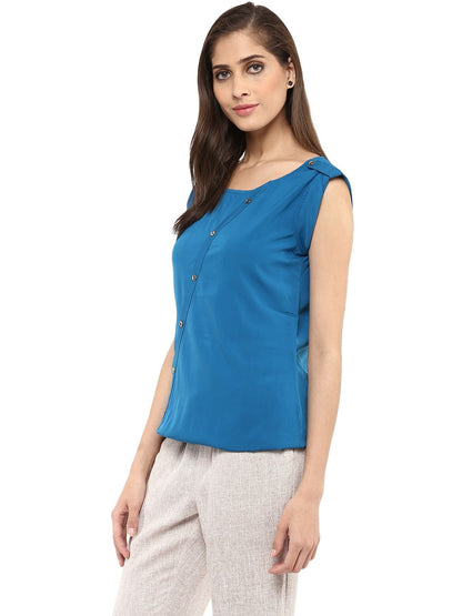 Finding Product Women's Blue Top With Fake Shoulder-Tab