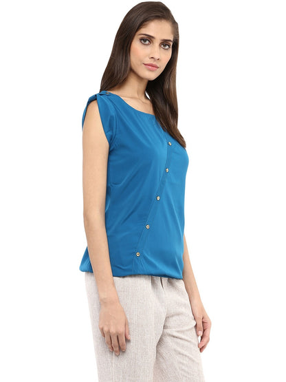 Finding Product Women's Blue Top With Fake Shoulder-Tab