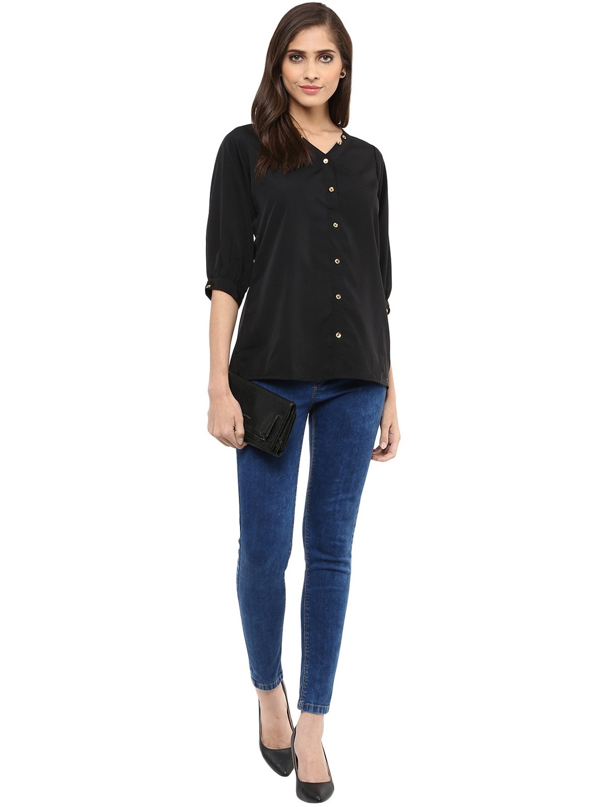 Finding Product Women's Black Shirt Top With Detailed Notch Designs