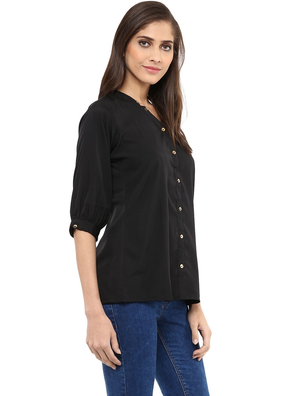 Finding Product Women's Black Shirt Top With Detailed Notch Designs