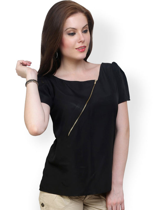 Finding Product Women's Black Top Detailed With Gathered Sleeves And Diagonal Zip