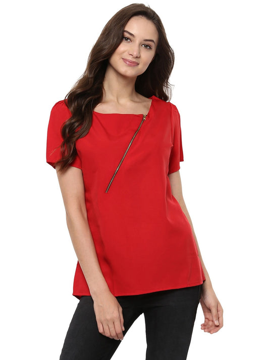 Finding Product Women's Red Top Detailed With Gathered Sleeves And Diagonal Zip