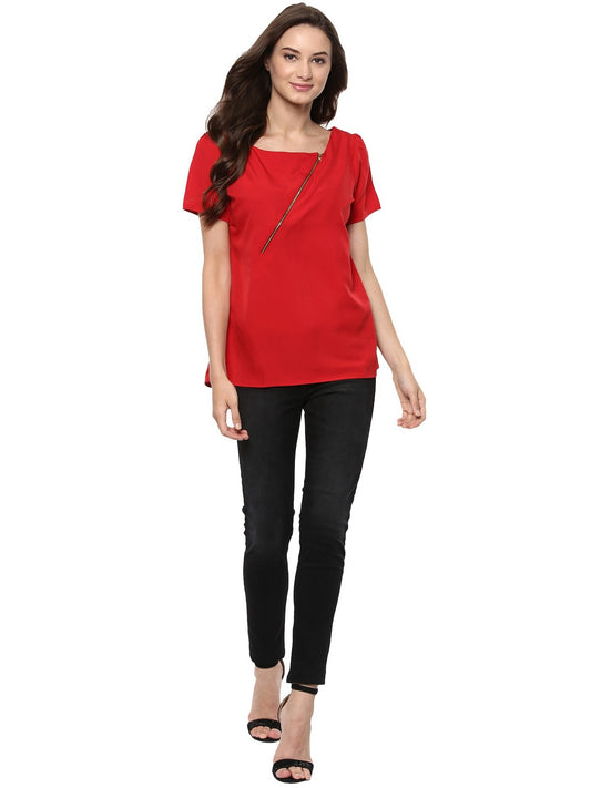 Finding Product Women's Red Top Detailed With Gathered Sleeves And Diagonal Zip