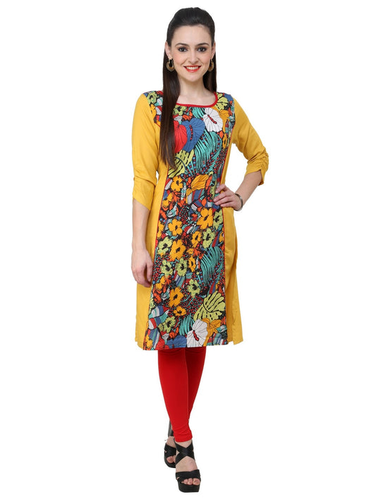 Finding Product Women's Mustard Multi Floral A Line kurti