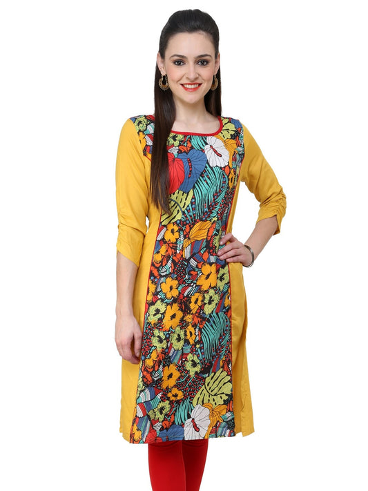 Finding Product Women's Mustard Multi Floral A Line kurti