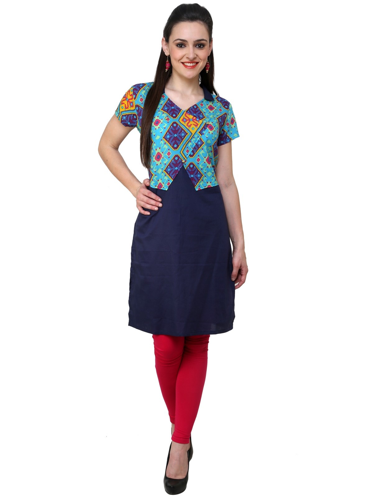 Finding Product Women's Blue Diamond Print Waist Coat Kurti
