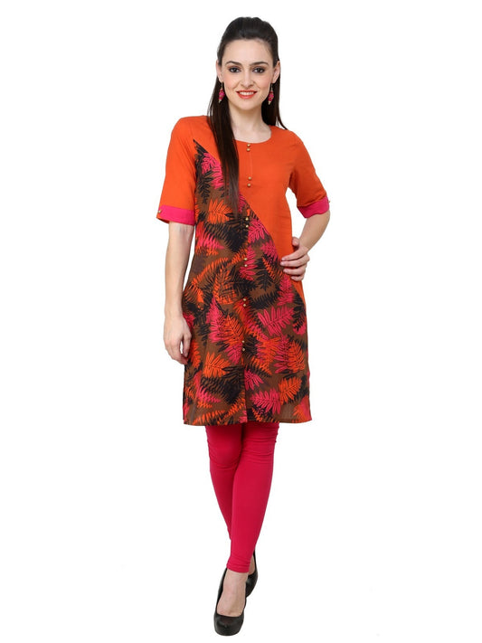 Finding Product Women's Orange Leaf Print Diagonal Cut Kurti