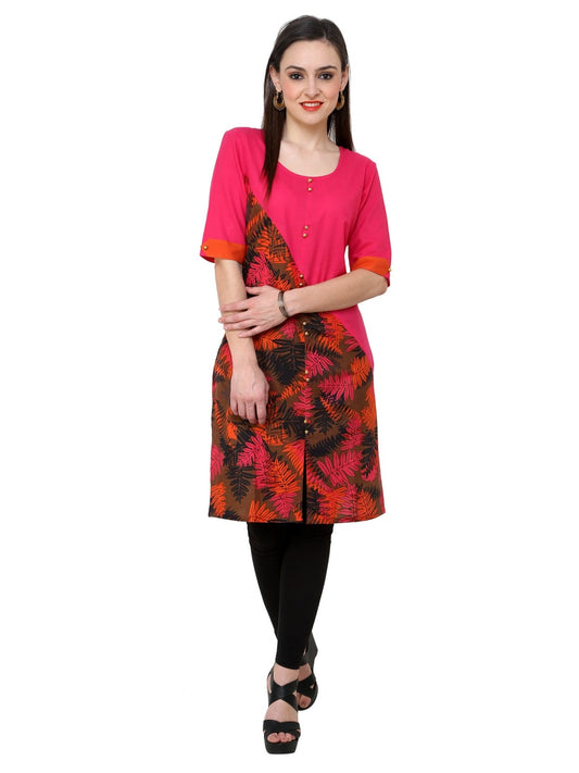 Finding Product Women's Pink Leaf Print Diagonal Cut Kurti