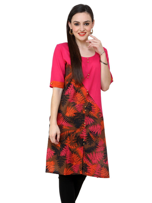 Finding Product Women's Pink Leaf Print Diagonal Cut Kurti