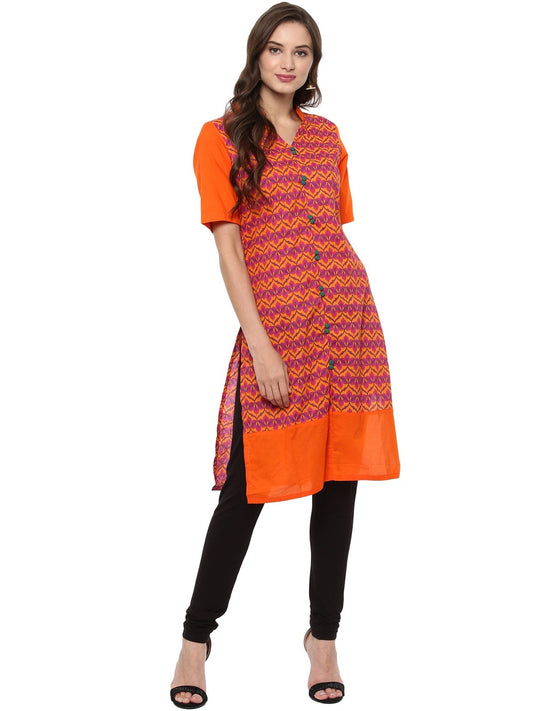 Finding Product Women's Orange Allover Print Stand Collar Print Kurti
