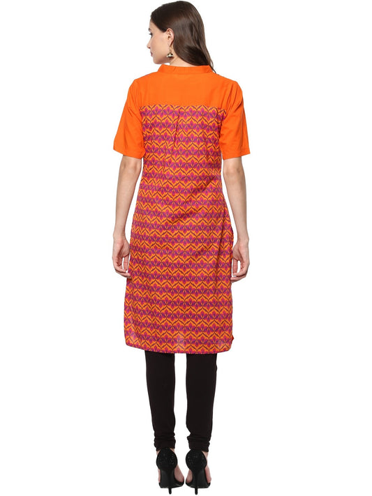 Finding Product Women's Orange Allover Print Stand Collar Print Kurti