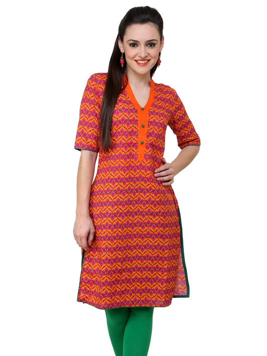 Finding Product Women's Orange Allover Piping Detail Kurti