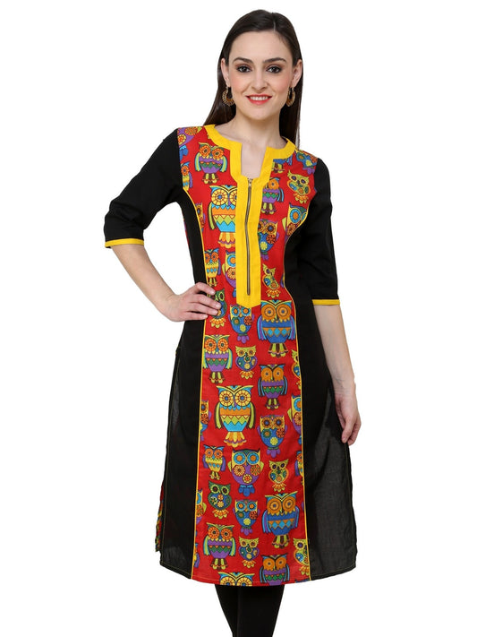 Finding Product Women's Red Owl Print Zipper Kurti
