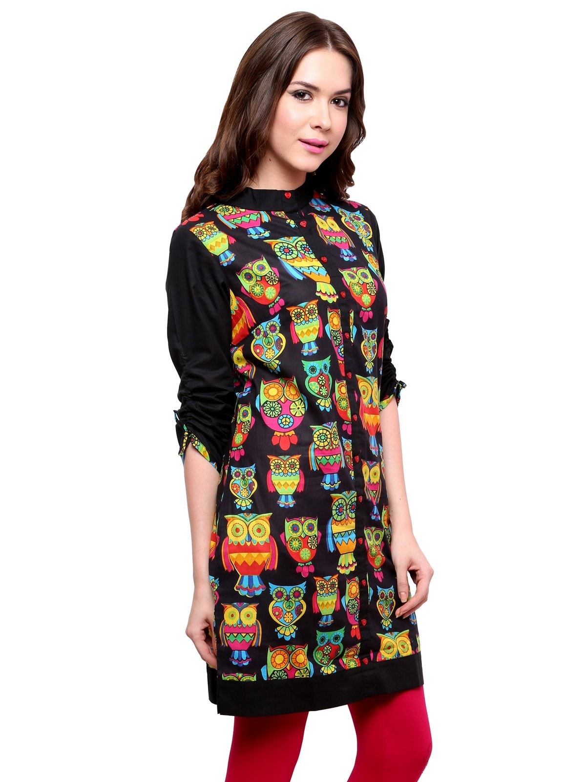 Finding Product Women's Black Owl Reversible Buttoned Kurti