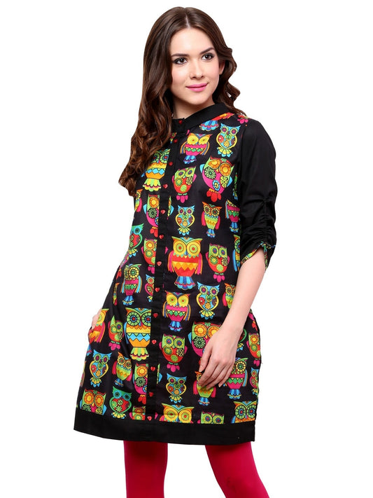 Finding Product Women's Black Owl Reversible Buttoned Kurti