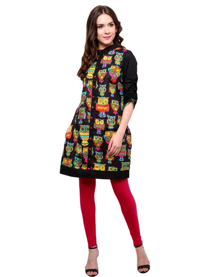 Finding Product Women's Black Owl Reversible Buttoned Kurti